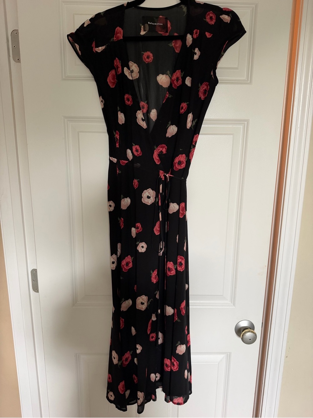 Reformation Black Floral Wrap Maxi Dress with Pink & Cream Blooms